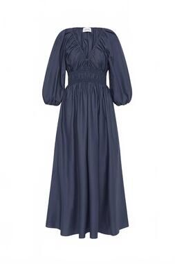 NEW MATTEAU women's shirred plunge button dress in blue
